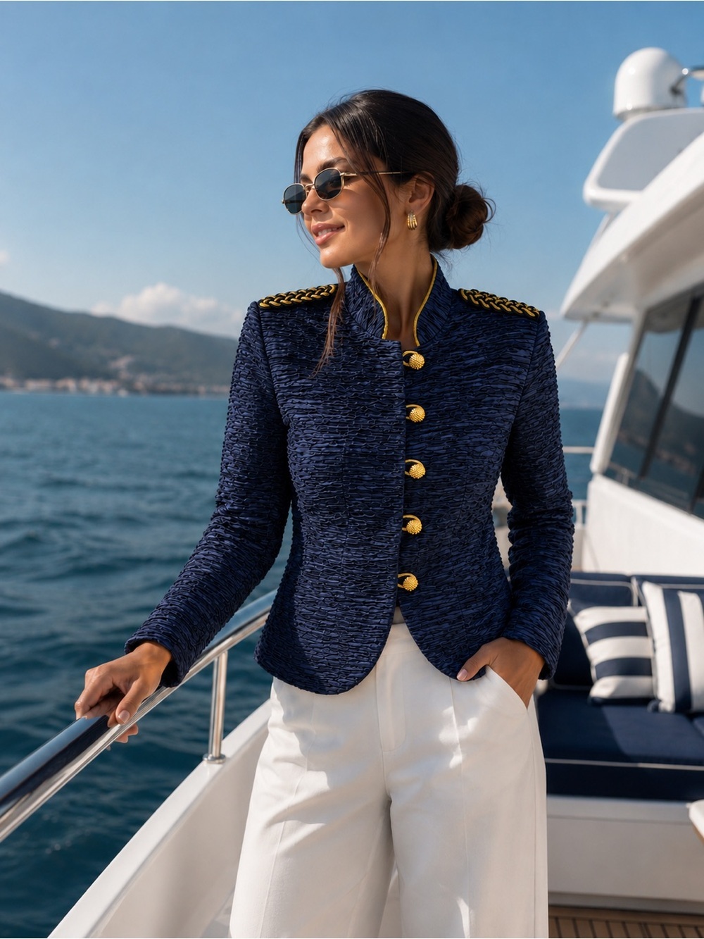 Structured Navy Textured Military-Style Jacket with Gold Trim